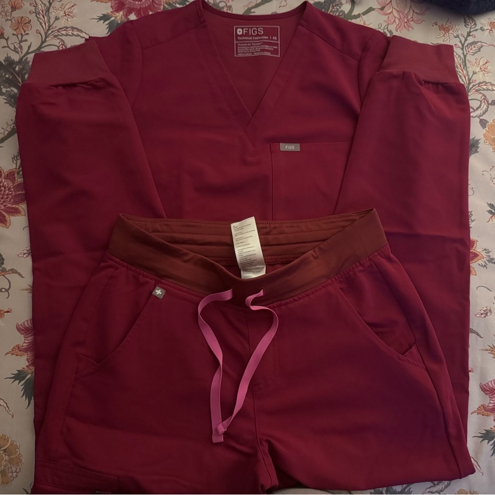 Figs Dark Magenta Scrub Set with Pink Accents